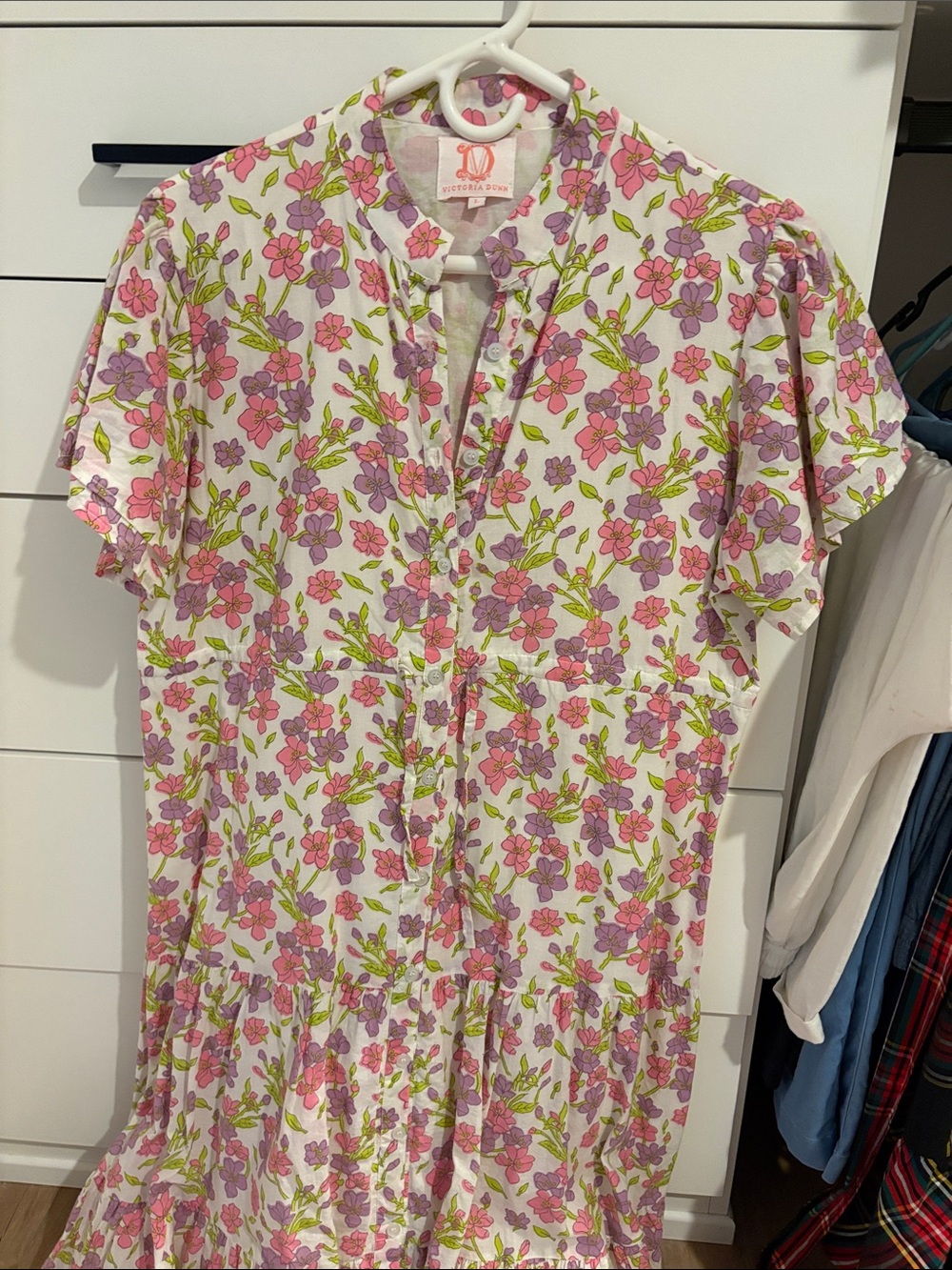 Victoria Dunn Pink and Lavender Floral Button-Front Midi Dress